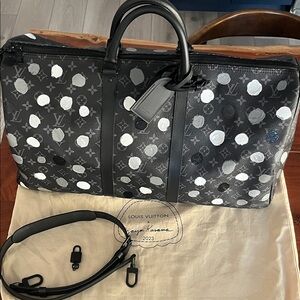 Louis Vuitton Yayoi Kusama 55 Keepall Monogram Black and Silver Duffel Bag